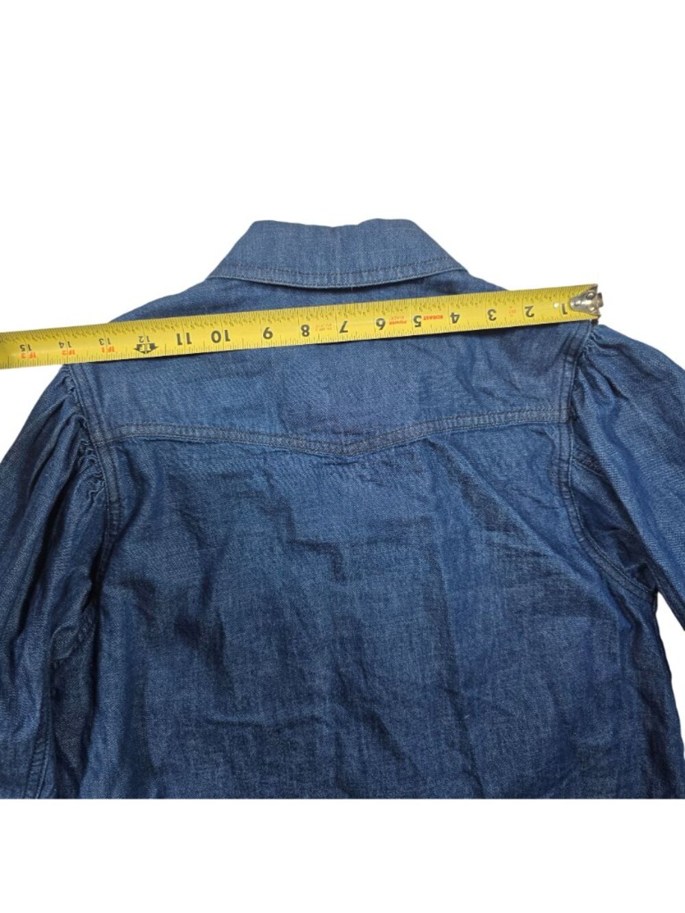 We The Free Women's XS Denim Snap Front Shirt Puff Sleeve Raw Hem Blue Western - Picture 13 of 14